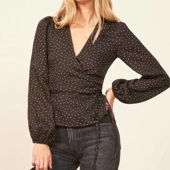 REFORMATION Alaina Wrap Top Ditto Dot Black White Polka Dot Print blouse shirt - Picture 1 of 13
